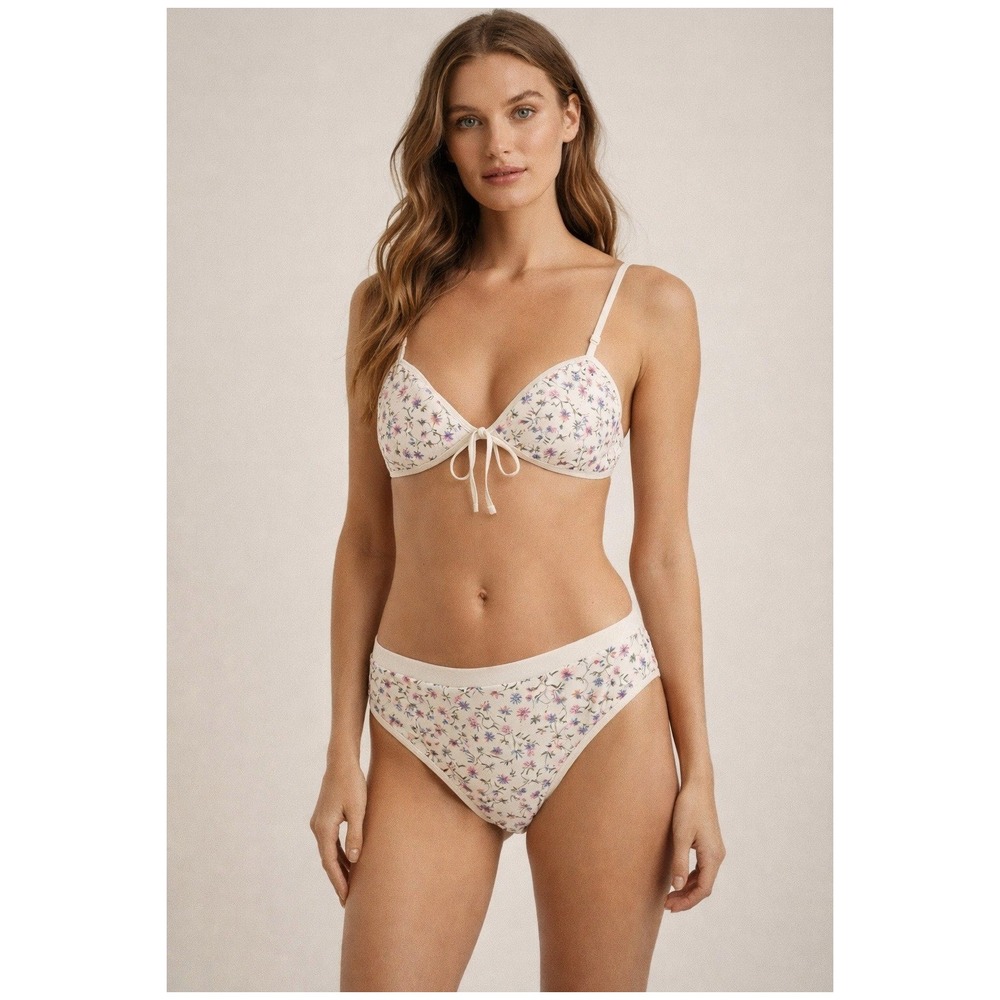 NWT Caroline Constas 2 Piece Bikini  Women Medium Cream Floral High Waist & Leg